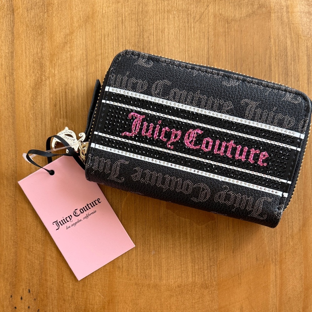 NWT Juicy Couture Fashion Statement Double Zip Medium Black Wallet rhinestones
